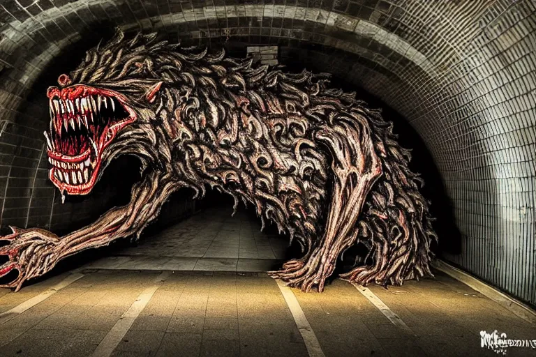 Image similar to very large giant mutant zombie irradiated ( angry rat ) staying on railways in tonnel of moscow subway. tonnel, railways, giant angry rat, furr, fangs, very realistic. extreme long shot, rusty colors, anish kapoor, ( herman nitsch, giger ).