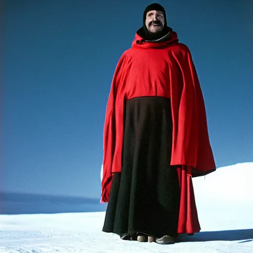 Image similar to a man wearing a long cloak and hood, in antarctica, film still, arriflex 3 5