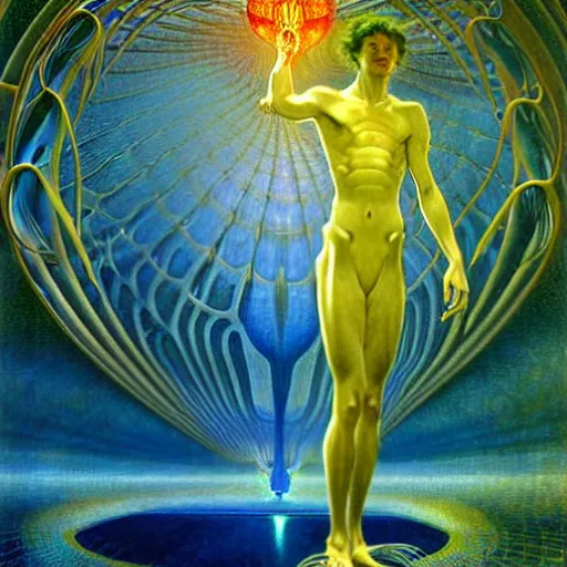 Image similar to realistic extremely detailed portrait painting of a glowing male silhouette, futuristic sci-fi landscape on background by Jean Delville, Amano, Yves Tanguy, Alphonse Mucha, Ernst Haeckel, Edward Robert Hughes, Roger Dean, rich moody colours, blue eyes