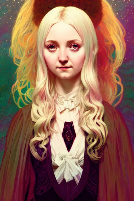 Prompt: a portrait of luna lovegood, fantasy, sharp focus, intricate, elegant, digital painting, artstation, matte, highly detailed, concept art, illustration, ambient lighting, art by ilya kuvshinov, artgerm, alphonse mucha, and greg rutkowski