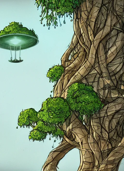 Prompt: a drawing of a tree with a flying saucer above it, concept art by senior environment artist, made of vines, artstation, environmental art, 2 d game art, concept art