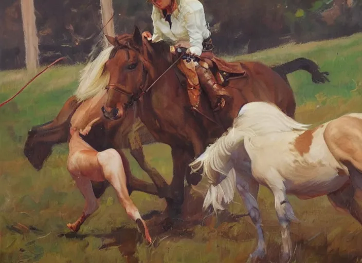 Image similar to a highly detailed beautiful portrait of jenny nicholson slaughtering a pony, by gregory manchess, james gurney, james jean