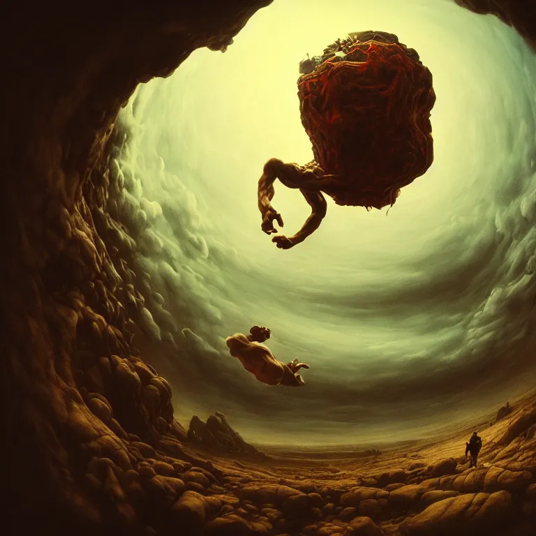 Image similar to man escaping hell, selfie gopro footage, fisheye, landscape portrait surreal painting, perfect composition, beautiful detailed intricate octane render, artstation, 8 k, photorealistic, volumetric cinematic light, chiaroscuro, masterpiece, raphael, bosch, caravaggio, beksinski, giger