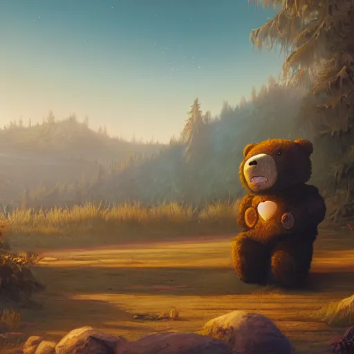 Image similar to a paint of dan mumford, of a robotic teddy bear painting a picture of a cute bear, in the background an apocalyptic panorama, octane render, unreal engine 5, greg rutkowski