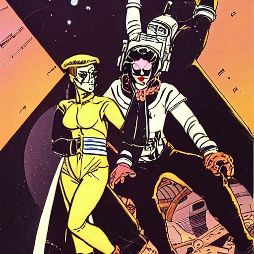 Prompt: stoic heroic square-jawed butch woman engineer in white and gold formal atompunk flight suit, making out with dark angel evil Disney villain queen, on space station, by Mike mignola, comic book cover, illustration, highly detailed