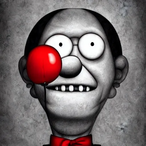 Prompt: surrealism grunge cartoon portrait sketch of clown with a wide smile and a red balloon by - michael karcz, loony toons style, homer simpson style, horror theme, detailed, elegant, intricate