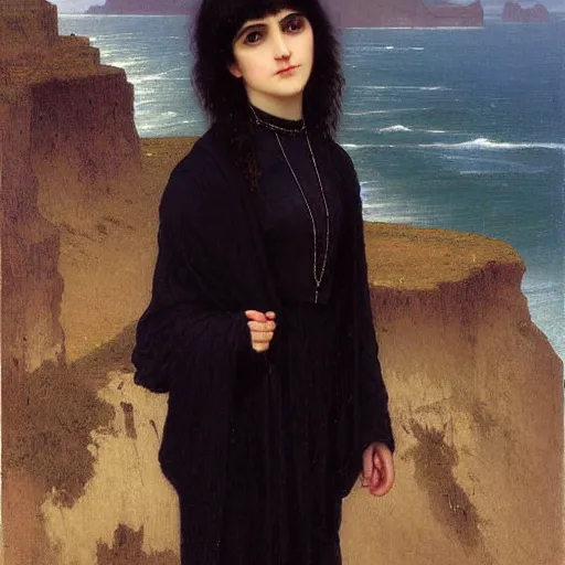 Image similar to 1 7 - year - old pale - skinned persian girl with black long bob cut, long bangs, black gothic jacket, black jeans, psychic girl, standing on cliff along the irish coast, overcast gray skies, ultra - realistic, sharp details,, intricate details, art by william - adolphe bouguereau