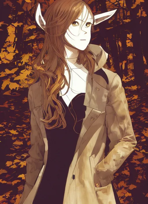 Image similar to illustration by shigenori soejima, by tatsuki fujimoto, by yoji shinakawa, tired girl with fox ears, long wavy orange hair, light brown trenchcoat, forest background, focus on face, pretty, moody lighting, painterly