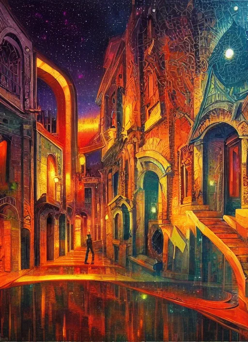 Image similar to ethereal starlit city of magic lost in time at sunset, italian futurism, art station, da vinci, hd, digital painting