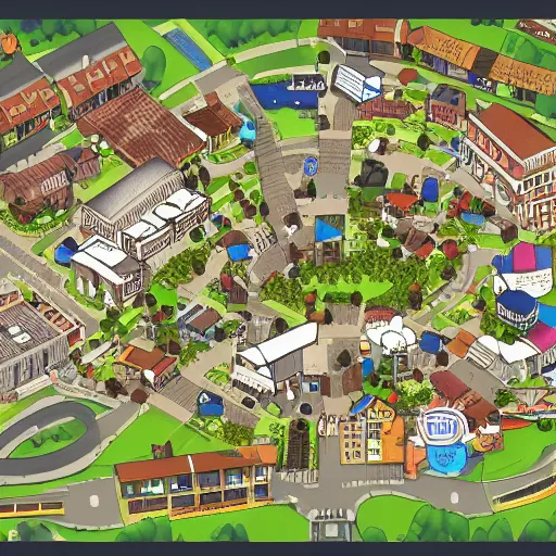 Image similar to a modern town map with town hall and playground, artstation, concept art