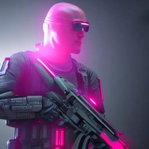 Image similar to intense futuristic bespoke, cal of duty, james, artstation trending, 8 k, 3 d render, photorealistic, volumetric lighting caustics, pink