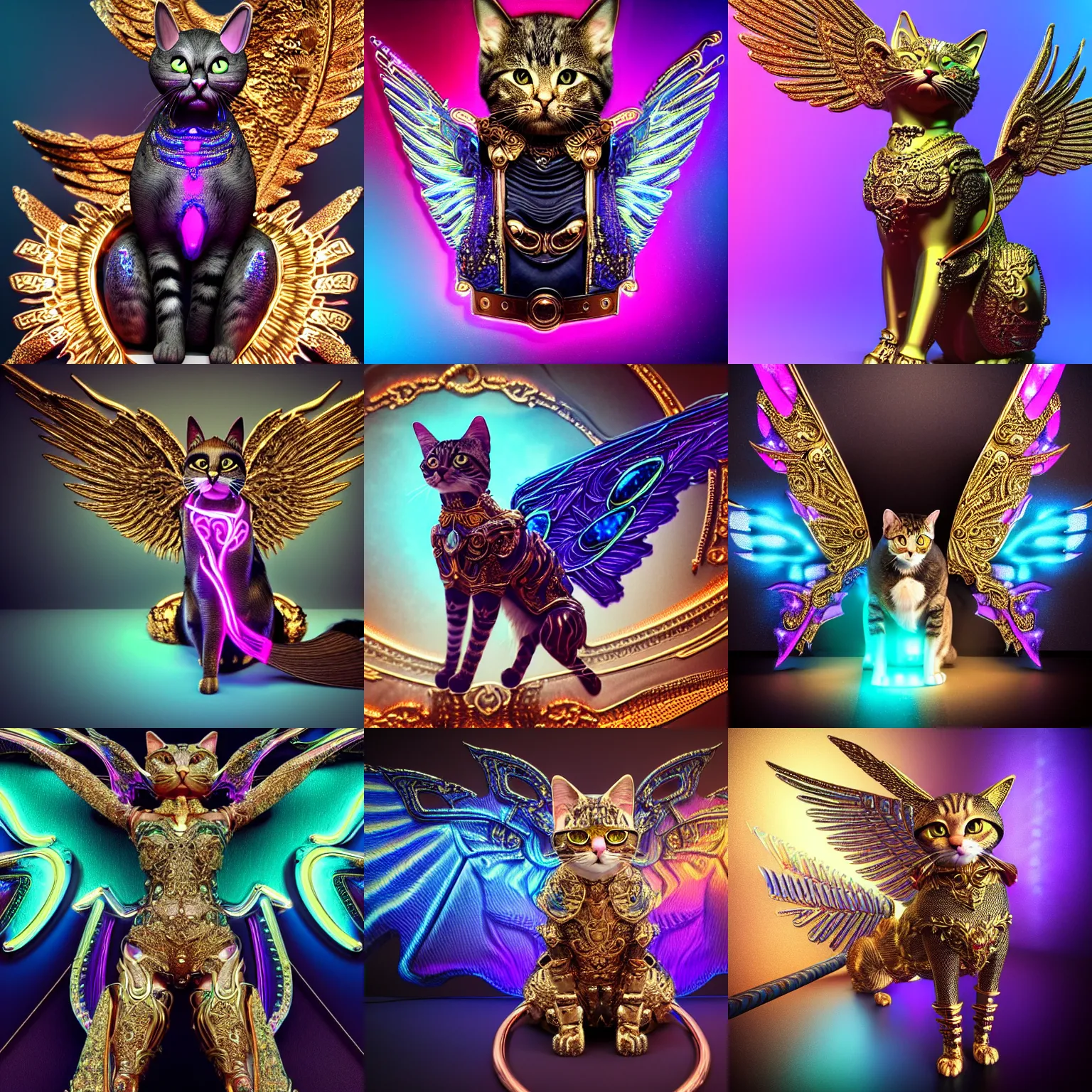 Prompt: ultra quality. hyper realistic cat with 2 wings, intricate gold, intricate copper and blue, neon armor, ornate, cinematic lighting, floral, symetric, portrait, statue cyberpunk, abstract, full hd render + 3d octane render +4k UHD + immense detail + dramatic lighting + well lit + black, purple, blue, pink, cerulean, teal, metallic colours, fine details, octane render