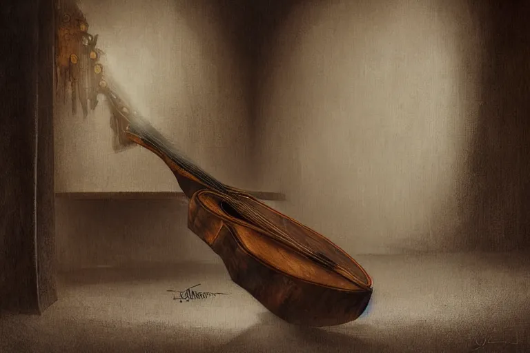 Image similar to still life of a cursed carved wooden lute with ebony inlay and strings of pain, oud, guitar designed by brian froud and hr giger leans against the wall alone, abandoned. an empty brutalist chamber, lonely, somber, a thin wisp of smoke rises from the lute. late afternoon lighting cinematic fantasy painting by jessica rossier