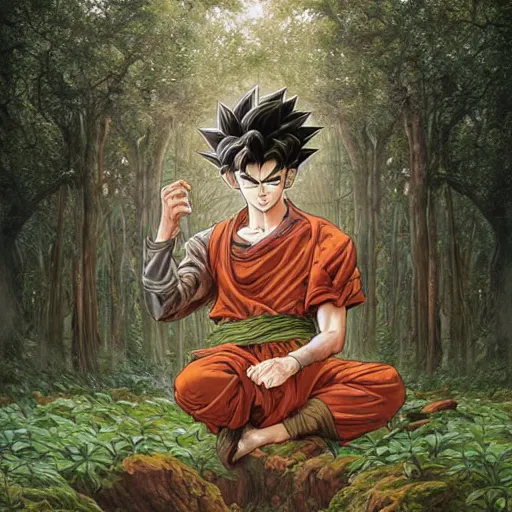 Image similar to intricate detailed portrait painting of goku on a beautiful forest meadow, temple ruins surrounded by lush forest, afternoon, intricate, elegant, highly detailed, digital painting, sharp, focus, illustration art by artgerm and greg rutkowski and alphonse mucha