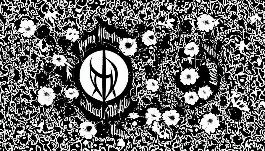 Image similar to black metal band logo designed with flowers and very happy and peaceful background