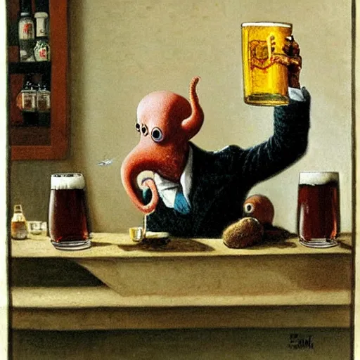 Image similar to an octopus drinking a beer in a pub, by Michael Sowa