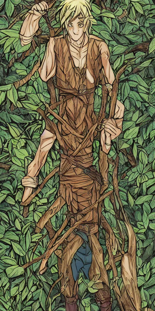 Image similar to an wood elf boy getting ready for an high fantasy adventure on the mountain side, anime style, tarot card, Tarot card the fool, fine line work, psychedelic, full color, earth tones