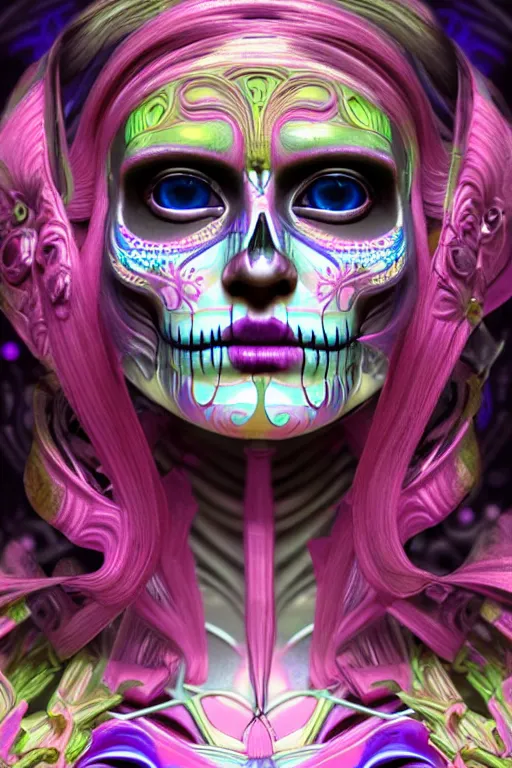 Prompt: ultra detailed female android deity, 8 k, still from a movie!!, flowerpunk, psychedelic vector art!!!, digital painting, sci - fi, fantasy, ( dia de los muertos ), asymmetrical,!! concept art, art by artgerm and giger and michael welan and alphonse mucha and loish and wlop