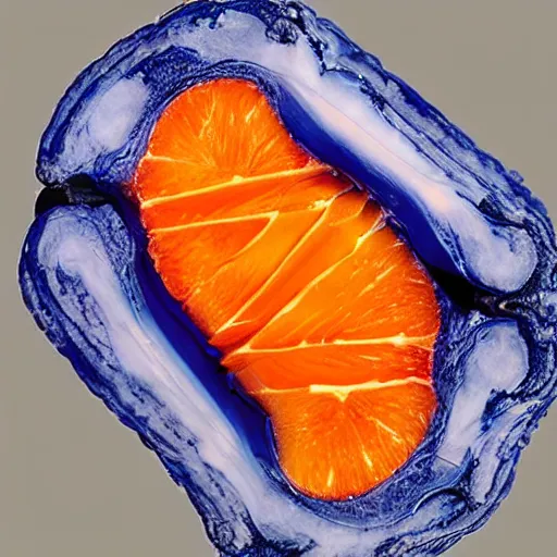 Prompt: a photo of a blue orange cut in half