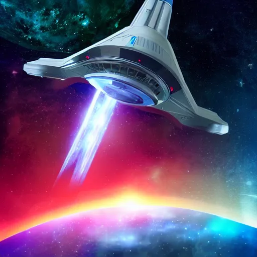 Image similar to A Star Trek spaceship drifitng in space against a nebula background