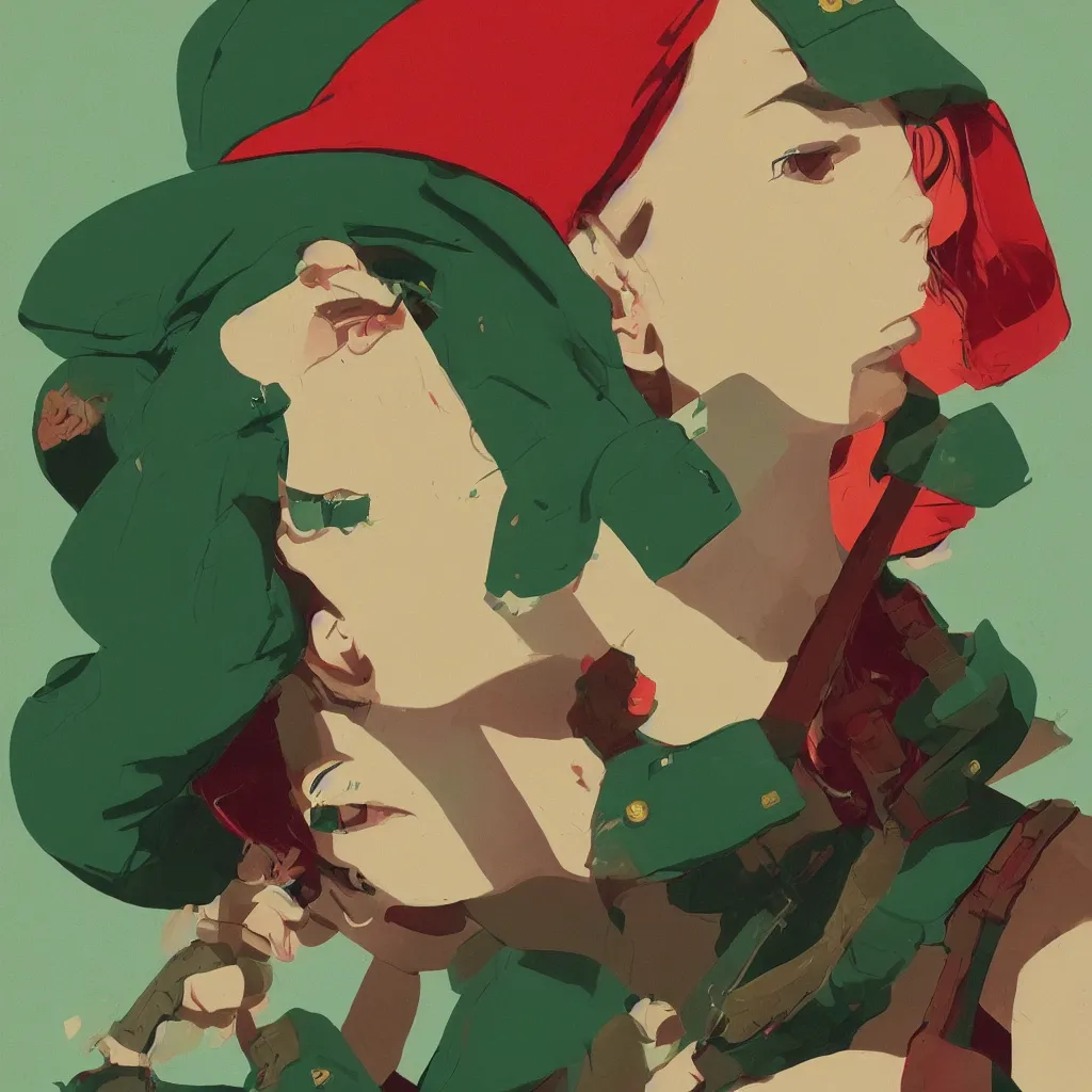 Prompt: a beautiful young woman character wearing a green military cap with a red star, by tomer hanuka and brian maebius and greg rutkowski and victo ngai, simple, portrait, soft lighting, masterpiece, cinematic, filmic