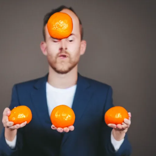 Image similar to a photo of a suprised holding an orange, the man's face can be seen in the photo, his eyes are more open, looking at the viewer, his mouth is open, he is holding the orange in his hand.