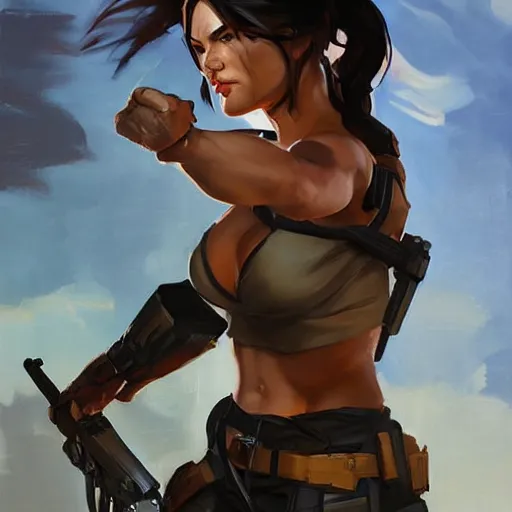 Image similar to greg manchess portrait painting of partially armored lara croft as overwatch character, close - up shot, asymmetrical, profile picture, organic painting, sunny day, matte painting, bold shapes, hard edges, street art, trending on artstation, by huang guangjian and gil elvgren and sachin teng