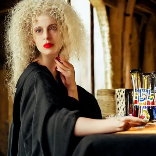 Image similar to a woman sitting at a table covered in empty beer mugs, a beautiful english woman with a long face narrow nose pale skin blue eyes red lips and wild messy tangles of curly white blonde hair, high resolution film still wearing a black robe drinking at a table, sandy, a journey to the west