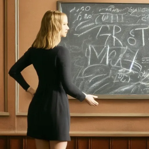 Image similar to the first still from the professor, directed by christopher nolan, shows jennifer lawrence at a chalkboard, 4 k