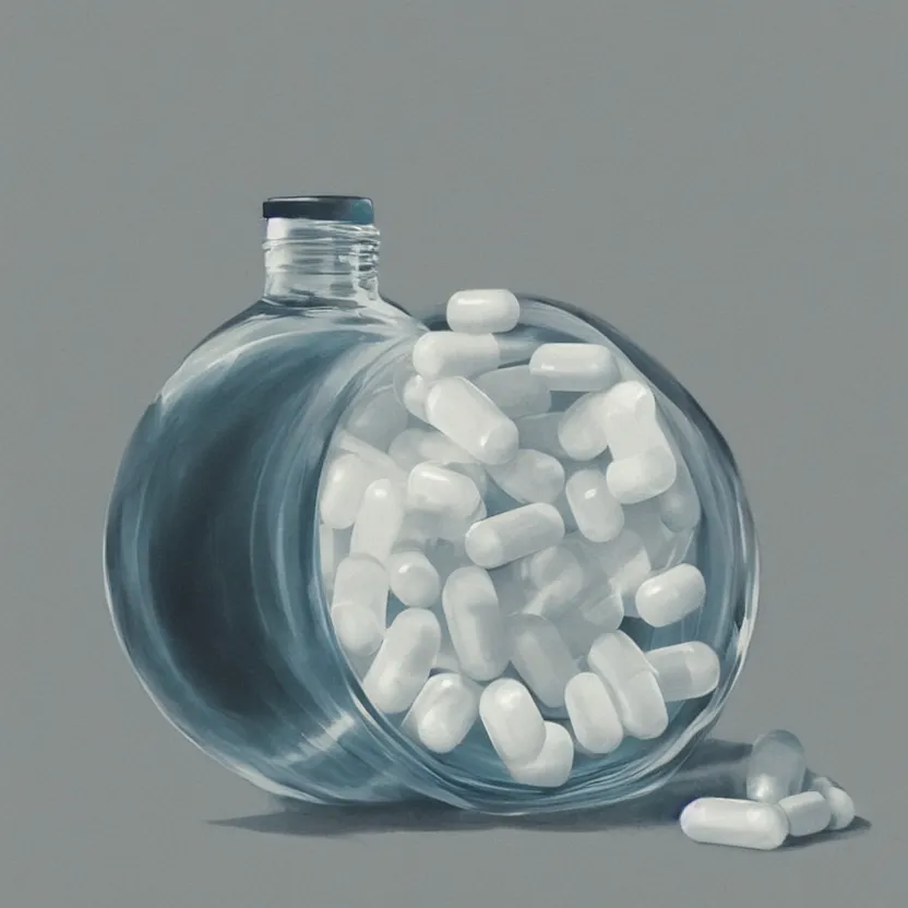 Image similar to concept art of a healthy and natural white liquid dietary supplement in a round transparent bottle with black sticker on it, by aenaluck, artgerm and roberto ferri and greg rutkowski, light blue and white tones, digital painting, artstation, concept art, smooth, sharp foccus ilustration hq