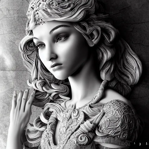 Image similar to wonderful princess made of marble, beautiful face, hyper detailed, flowing psychadelic background intricate and detailed, ornate 8 k gorgeous intricate detailed, octane render, black and white