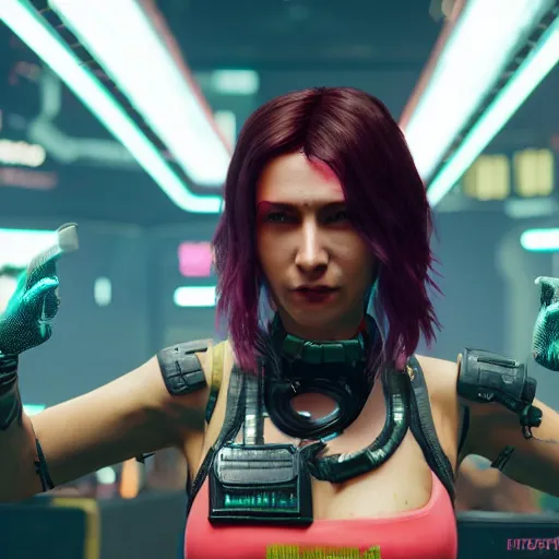 Image similar to female V from Cyberpunk 2077 wearing spiked choker, collar, choker, punk, collar, 4K