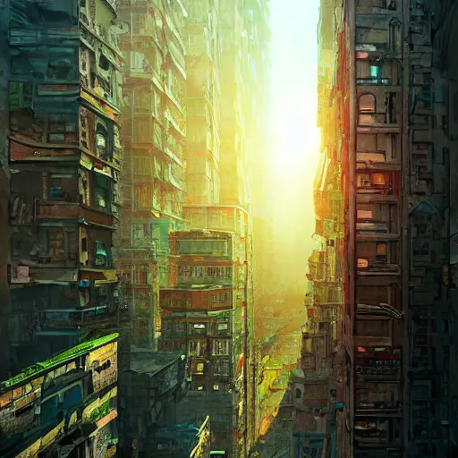 Prompt: Post-apocalyptic Cybercity. Aerial view. Isometric. detailed textured illustration by Moebius and Marc Simonetti. cluttered building apartments, electrical wires madness, grainy textures Vray, Depth of field