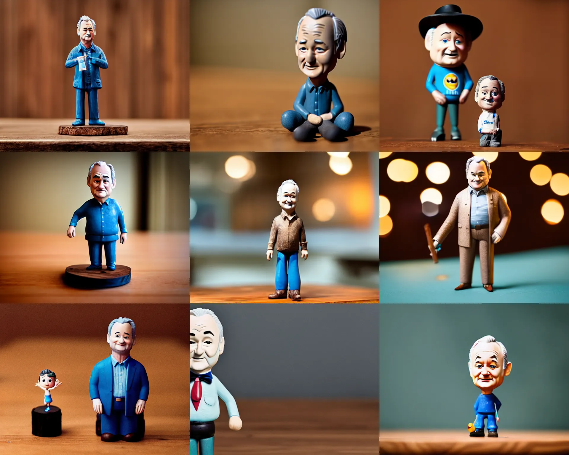 Prompt: bill murray figurine by pixar sad bokeh on wooden table.