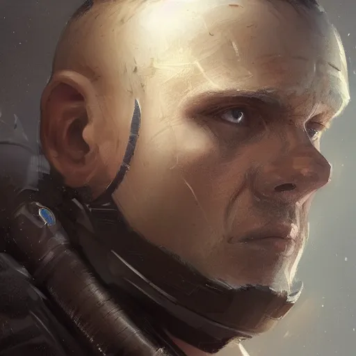 Image similar to Portrait of a man by Greg Rutkowski, he is about 30 years old, Nordic and Hebrew factions, messy brown short hair, strong, tired expression, father figure image, he is wearing a futuristic space gear, highly detailed portrait, scifi, digital painting, artstation, concept art, smooth, sharp foccus ilustration, Artstation HQ.