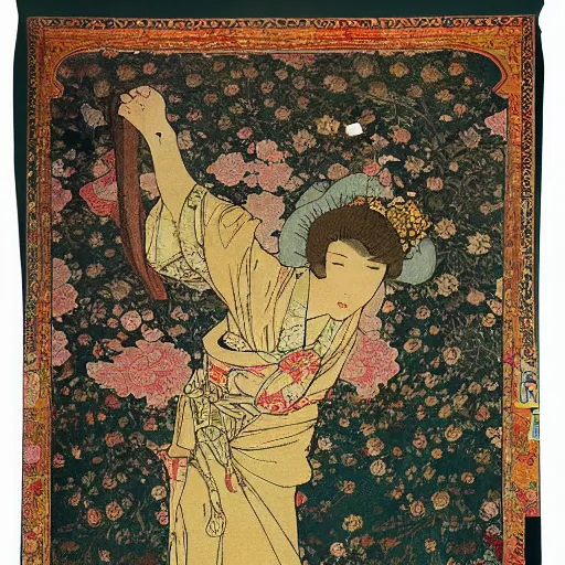 Image similar to Japanese style simple and elegant floral tapestry, Persian carpet, soft colors, by mucha