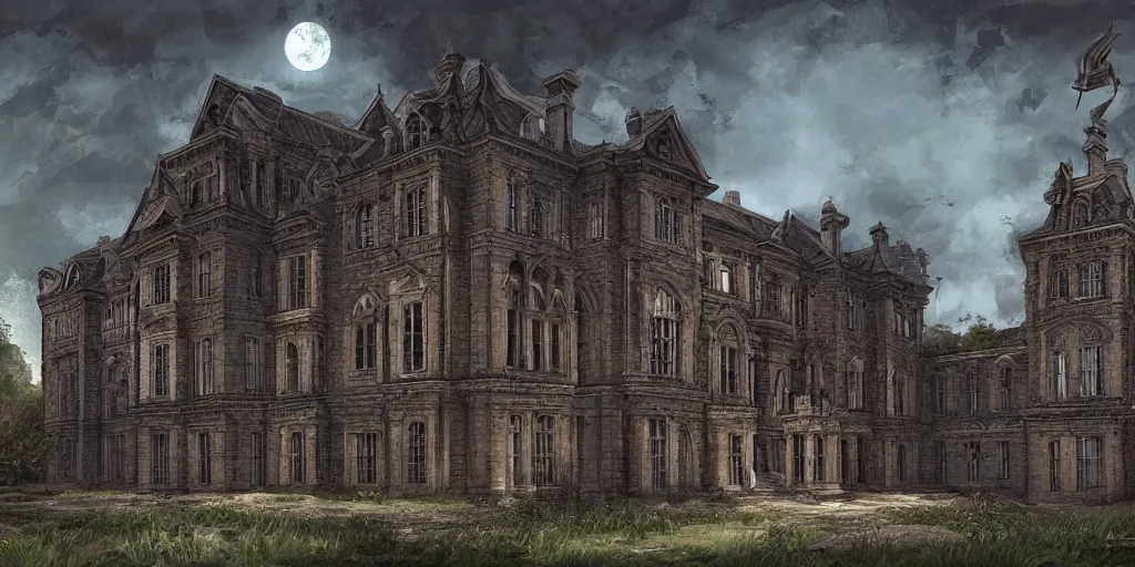 Image similar to Lunatic Asylum, exterior, majestic, detailed, epic scenery, dark fantasy, concept art