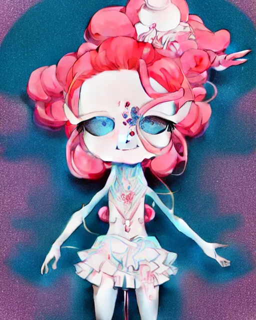 Image similar to james jean isolated vinyl figure harajuku magical girl character design, figure photography, dynamic pose, holographic undertones, motion shapes color design, glitter accents on figure, anime stylized, sharp focus, accurate fictional proportions, high delicate defined details, ethereal lighting