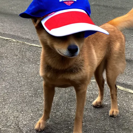 Image similar to doge wearing a make america great again cap, realistic, super detailed, wide shot, 8 k,