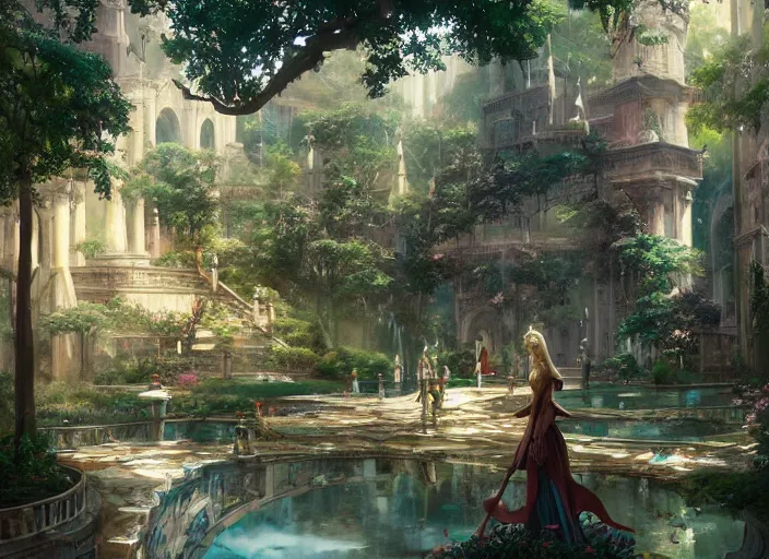 Prompt: A wide open courtyard in a beautiful, colorful elven city made of ivory, anime, lush trees, fountain, a fantasy digital painting by Greg Rutkowski and James Gurney, trending on Artstation, highly detailed