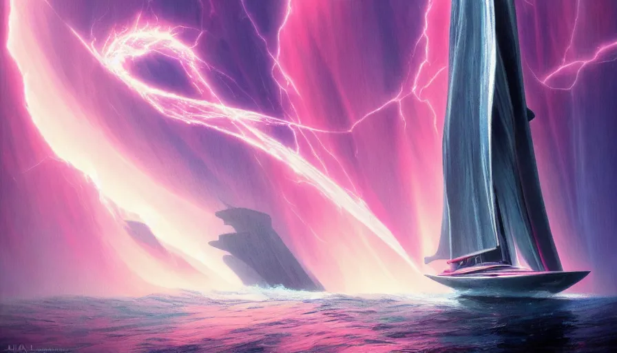 Image similar to cyberpunk sailboat sailing in a sakura multiversal tornado appears out of nowhere in waimea canyon, tornado is a gateway to thermal waters flowing down white travertine terraces on building tao zhu yin yuan, otherworldly visuals, visually stunning, divine, scifi, by james jean, ruan jia, ilya kuvshinov, martine johanna, peter mohrbacher