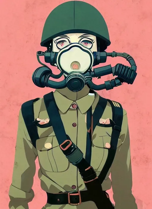 Image similar to singular girl with wearing ww 2 gas mask, ww 2 uniform, very anime!!! anime!! intricate details, aesthetically pleasing pastel colors, smoke poster background, art by conrad roset and ilya kuvshinov