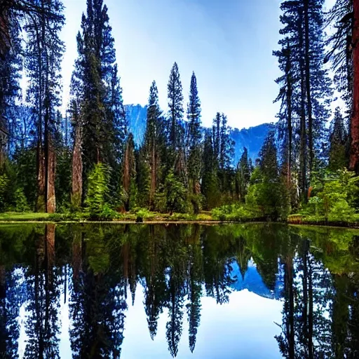 Image similar to a mirror lake in a forest of blue sequoia trees, lush, with mountains and hills and cliffs and towns full moon, dark clear sky with stars, light blue sparking and glowing dust in the wind. fantastic, mystical, glow