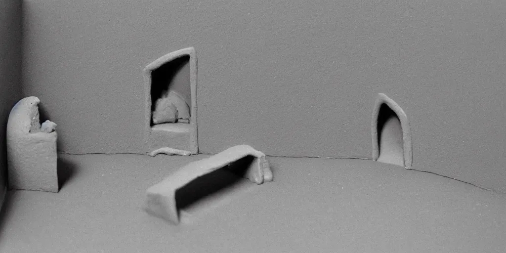 Prompt: plasticine model of stop motion figures clay. minimal. tilt shift. fish tank in. gallery. visitors. salvador dali photorealistic. john craxton. small hole in wall