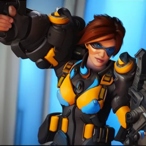 Image similar to a screenshot of arnold schwarzenegger as tracer in overwatch, full body shot