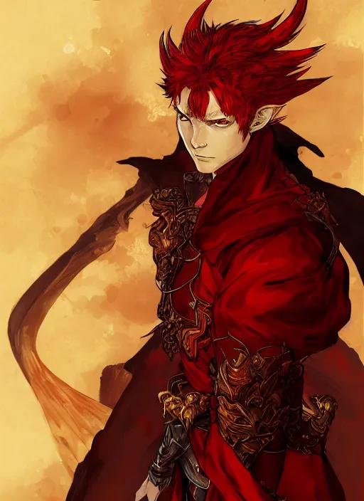 Image similar to Half body portrait of a handsome young red haired elven monk prince with dragon eyes, staff and red and golden ornate dragon robe. In style of Yoji Shinkawa and Hyung-tae Kim, trending on ArtStation, dark fantasy, great composition, concept art, highly detailed.