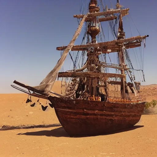 Prompt: a pirate ship in the desert