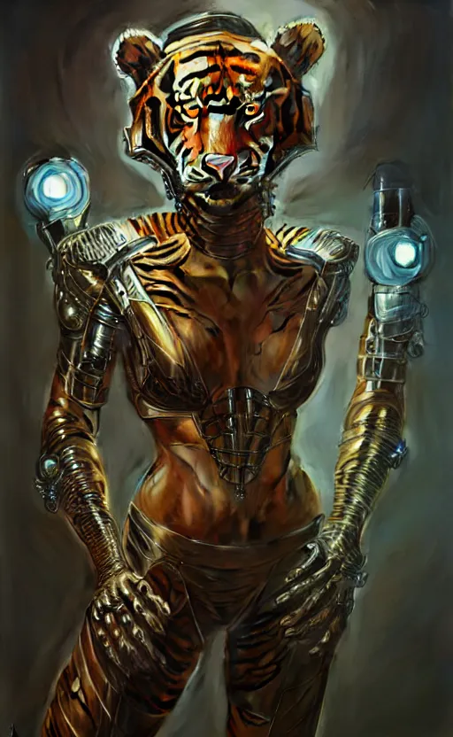 Prompt: a anthropomorphic cyber tiger wearing scifi armor, diffuse lighting, fantasy, intricate, elegant, highly detailed, lifelike, photorealistic, digital painting, artstation, illustration, concept art, smooth, sharp focus, art by john collier and albert aublet and krenz cushart and artem demura and alphonse mucha