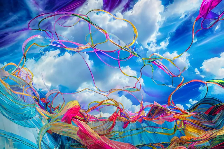 Prompt: a flock of many puffy clouds tangled into large whirling ultra detailed ribbons of colored glass, abstract environment, playful, award winning art, epic dreamlike fantasy landscape, ultra realistic,
