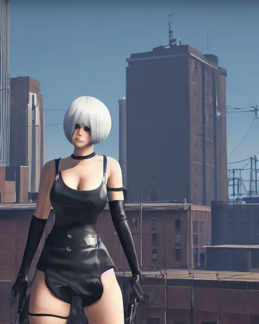 Prompt: 2B from Nier Automata and with slender body type standing on top of a large building, GTA 5 loading screen, 8k